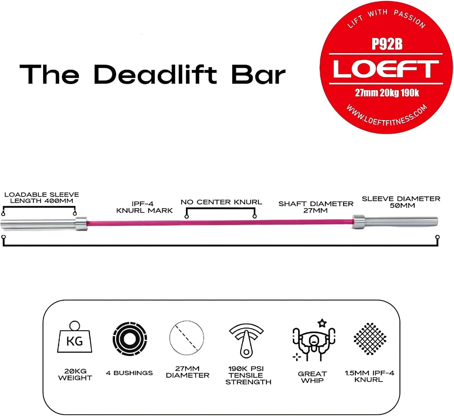 Professional Deadlift Bar, 92in 27MM Deadlift Barbell for Powerlifting, Barbell for 45lb 1500 lbs Weight Capacity 190K PSI, Enhanced Flex Weight Bar Fit 2" Weights
