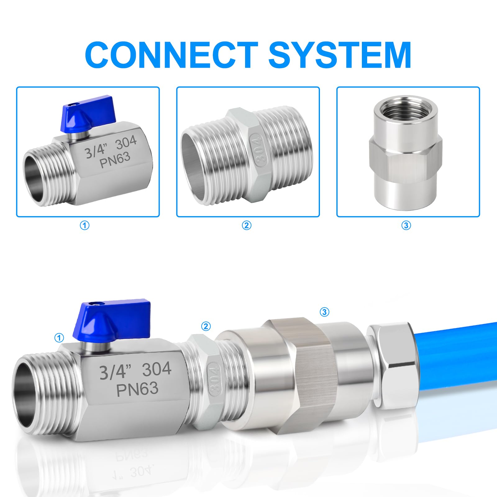 2 Stück 3/4" BSP Innengewinde x 3/4" BSP Außengewinde Hochleistungskugelhahn aus Edelstahl 304 mit 2 Stück 3/4" SUS 304 Hex-Nippel-Anschluss