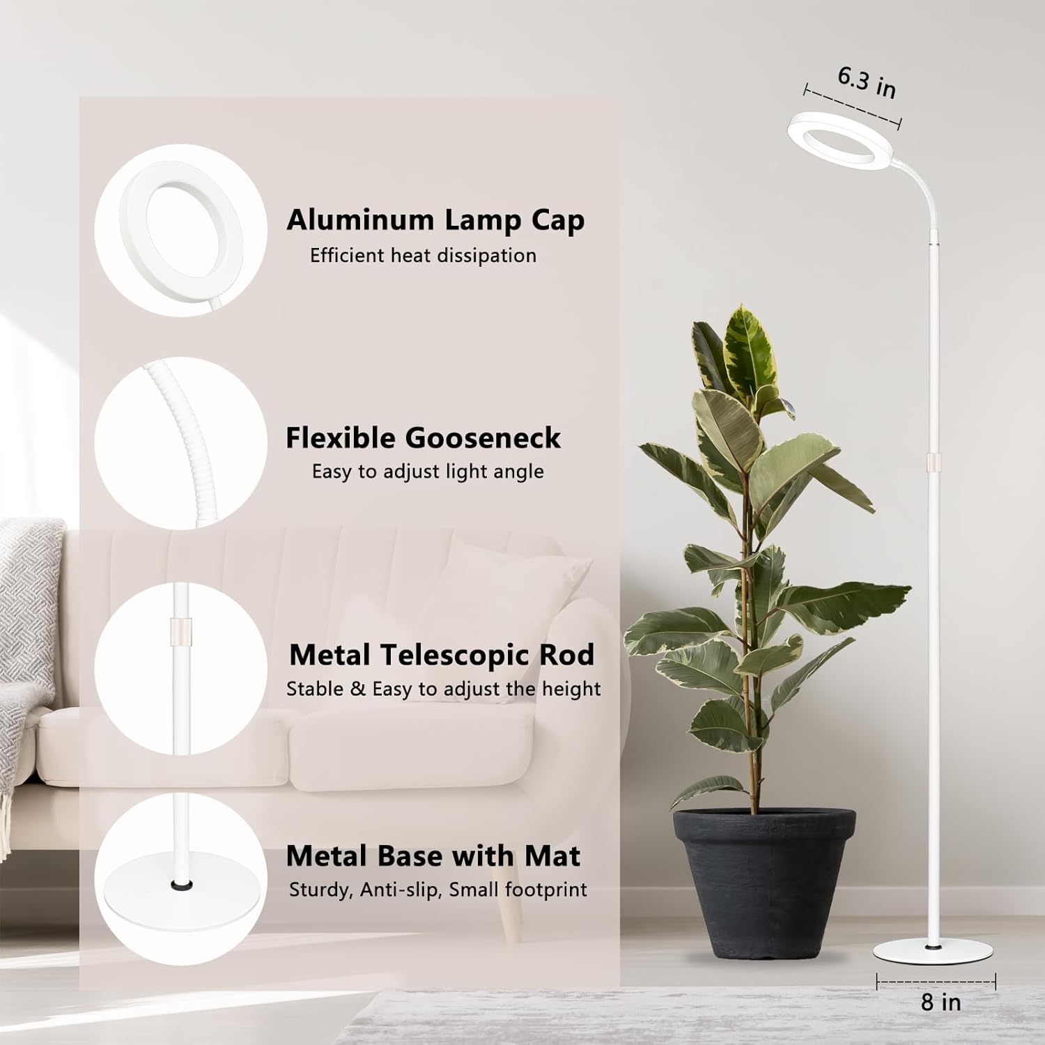 Grow Light for Indoor Plants, Full Spectrum LED Halo Plant Lights with Stand, Floor Standing Growing Lamp with Adjustable Height,Auto Timer for Tall Large Plant (20W-White)