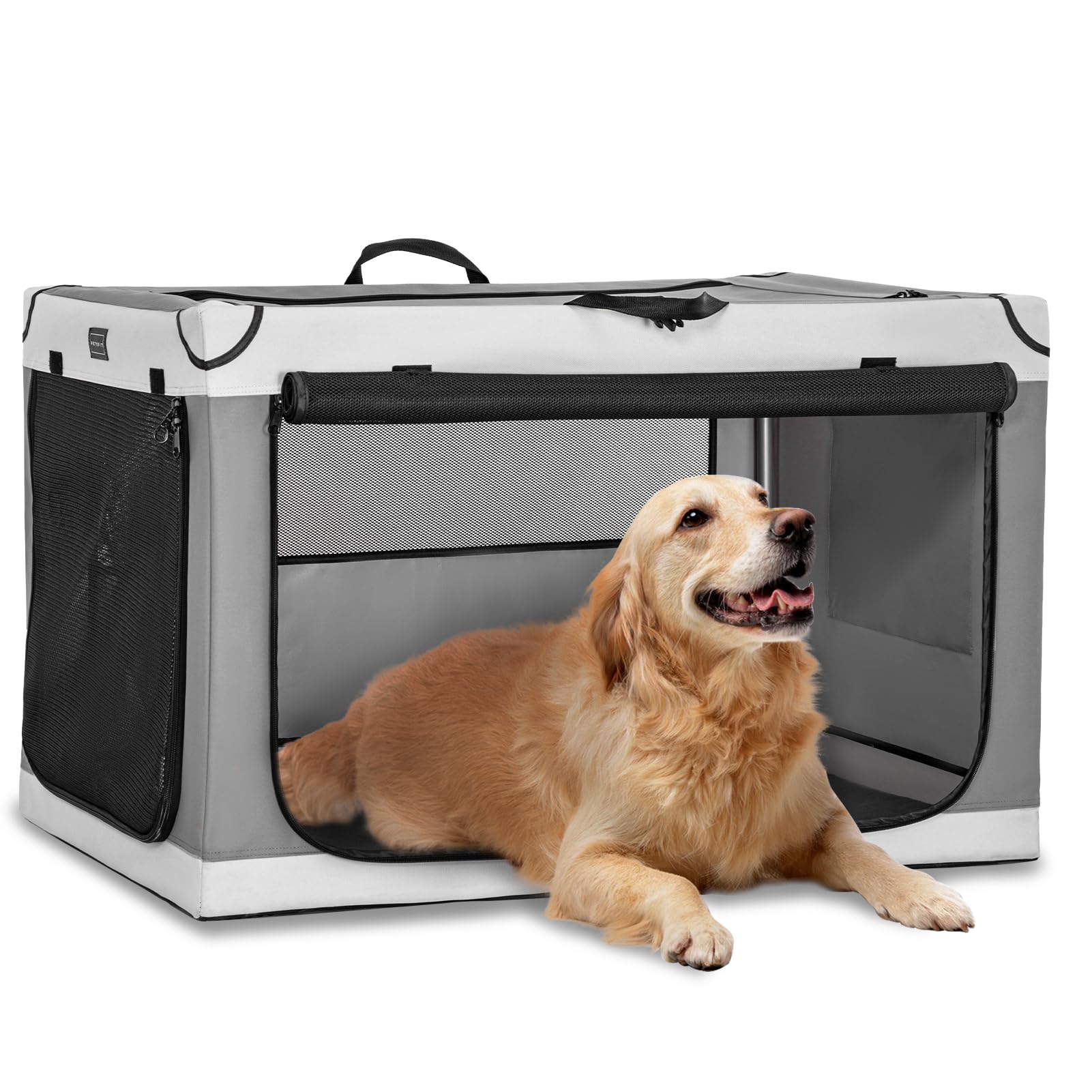PETSFIT 36" Indoor Soft Dog Crate – Patented Adjustable Sturdy Frame, Collapsible Portable Kennel for Home Use, Medium & Large Dogs, 3 Lockable Mesh Door, Thicken Mat, Light Grey