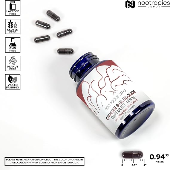 Nootropics Depot Cyanidin 3-Glucoside Capsules | 125mg | 60 Count | Black Rice Extract | C3G | Oryza Sativa | Metabolic, Vision, Cognitive Support