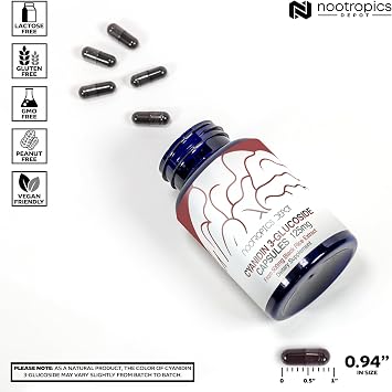 Nootropics Depot Cyanidin 3-Glucoside Capsules | 125mg | 60 Count | Black Rice Extract | C3G | Oryza Sativa | Metabolic, Vision, Cognitive Support