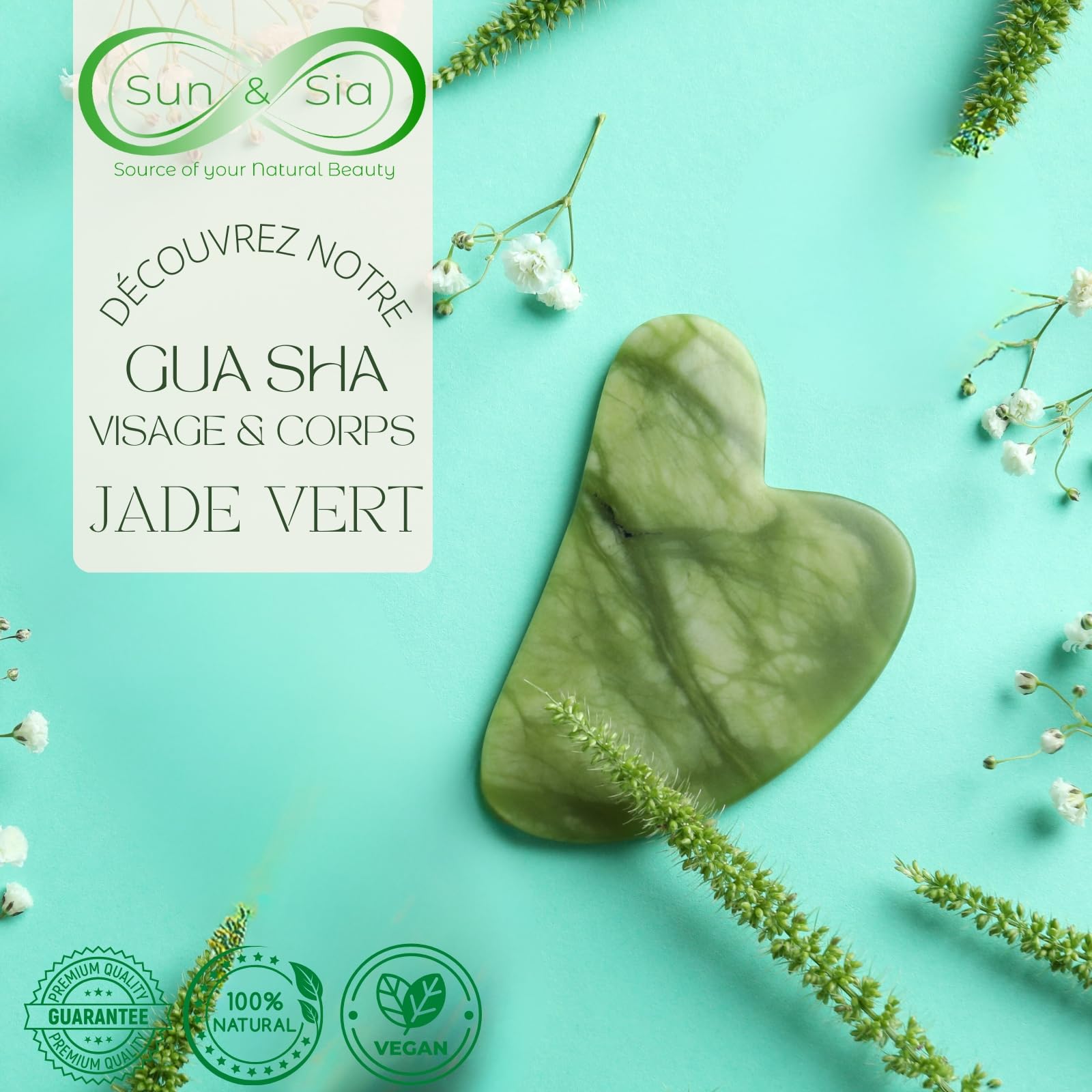 Sun & Sia MASS21-GS.V - 1 Gua Sha z zielonego kamienia jadeitowego + pokrowiec - kosmetyki i pielęgnacja twarzy - 1 Gua Sha i 1 pokrowiec