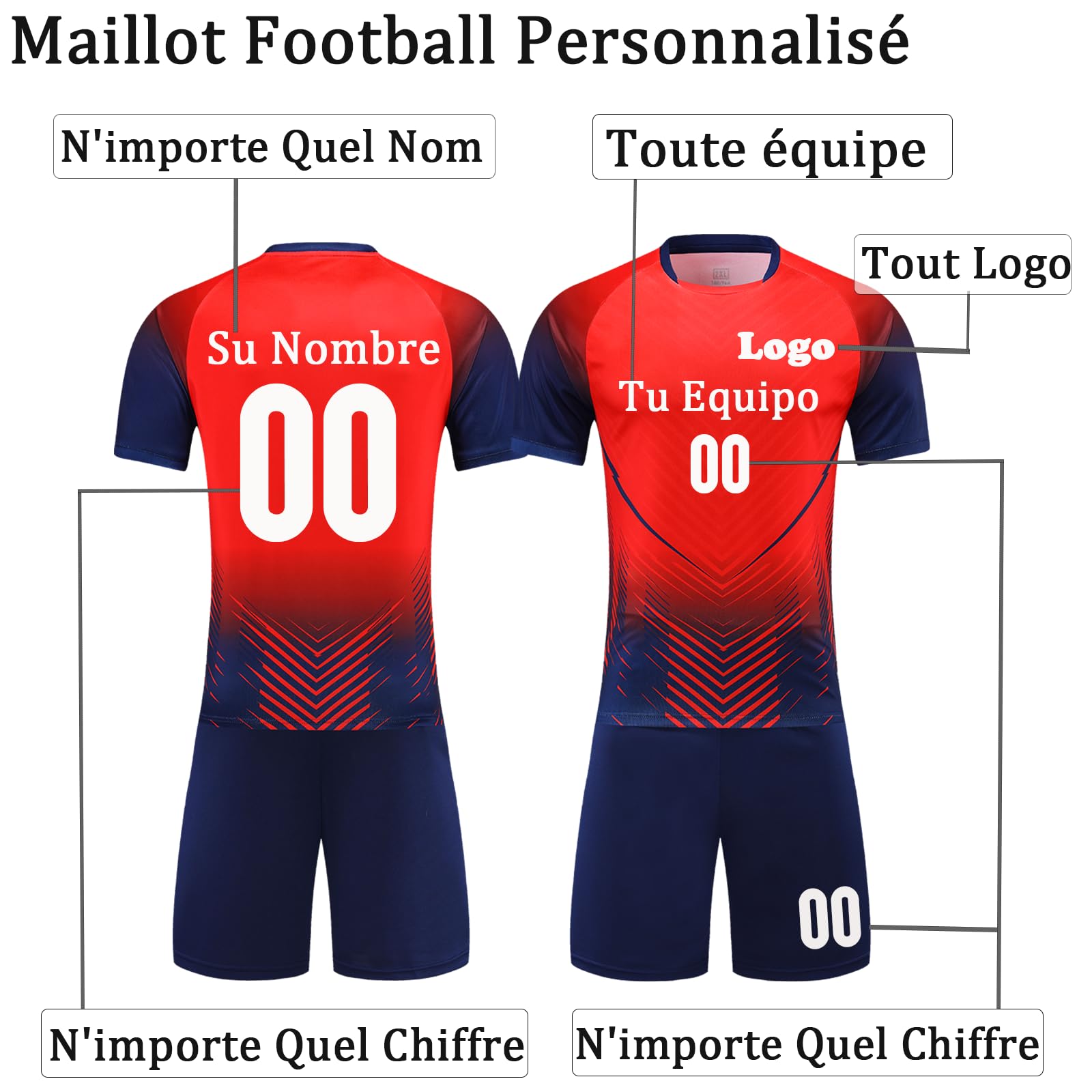 Maillot de Foot Enfant Personnalis Ensemble Foot Enfant Adulte T-Shirt et Shorts Maillot de Foot avec Nom Numéro Logo de l'équipe