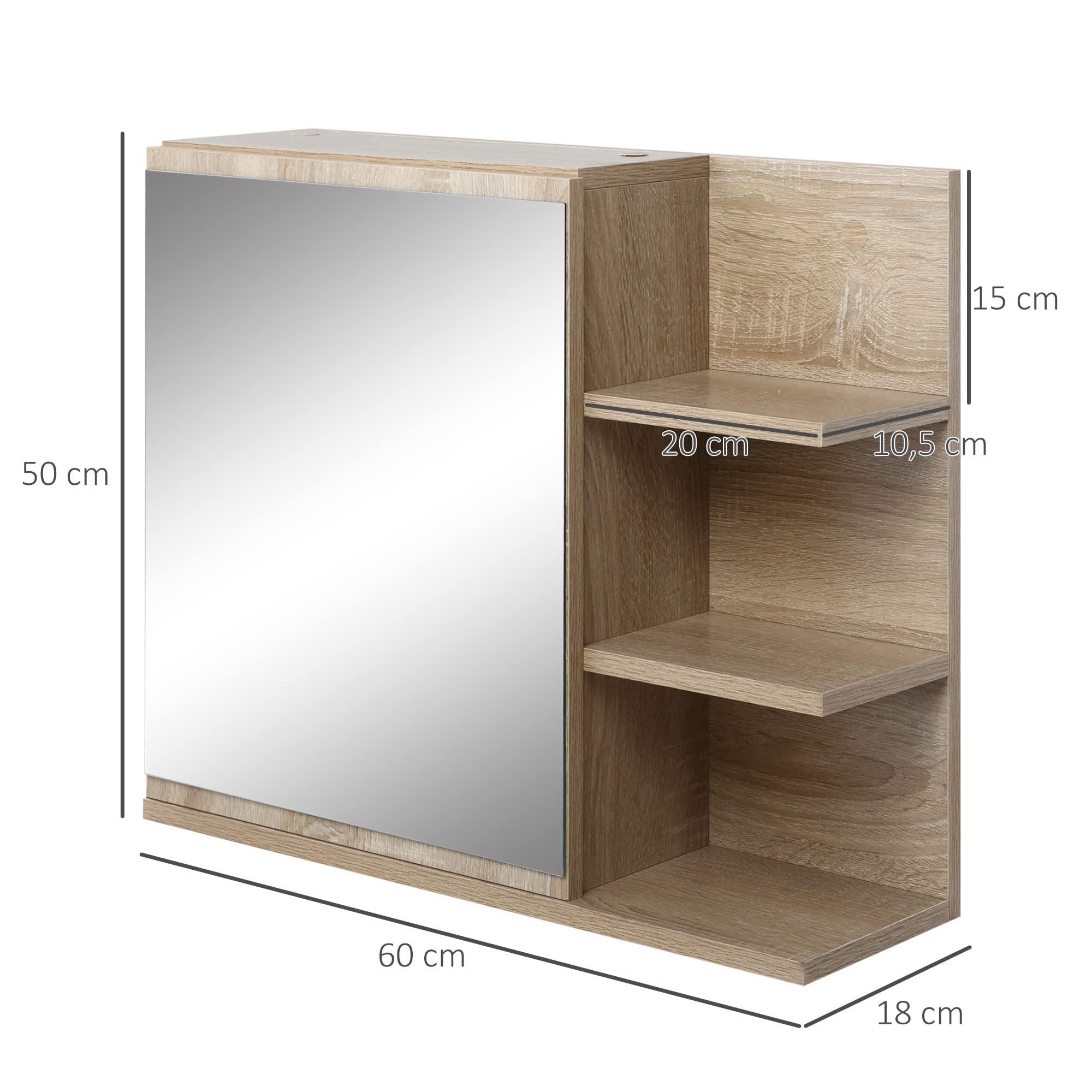 kleankin Armoire Miroir de Salle de Bain Aspect Chêne Clair | 3 Étagères Latérales, Kit Installation Murale Fourni, Panneaux Particules