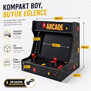 SOGUD Retro Arcade Oyun Konsolu, 1000+ Klasik Oyunlu Mini Atari Makinesi, 2 Kişilik Joystickli Ev Tipi Nostaljik Oyun Kabini, Street Fighter Metal Slug Mortal Kombat Pac-Man ile Uyumlu
