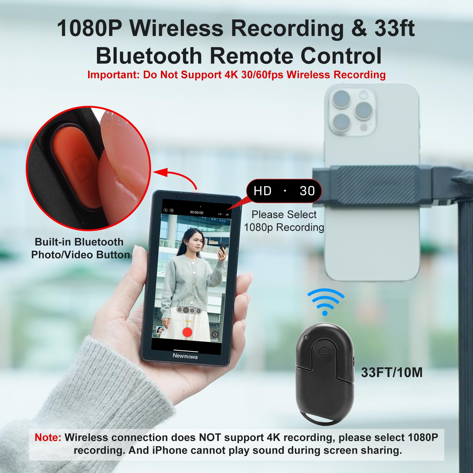 Newmowa 4.95" Teléfono Vlog Selfie Monitor Pantalla,Accesorio de Cámara Trasera del Teléfono para Teleprompter LiveStream Selfie Vlog TikTok,Compatible con iPhone(Soporta 4K 30fps Grabación con Cable)