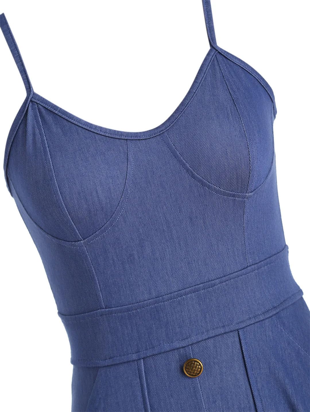 Vestito prendisole da donna in denim lavorato a maglia con tasche tinta unita con bottoni finti a vita alta