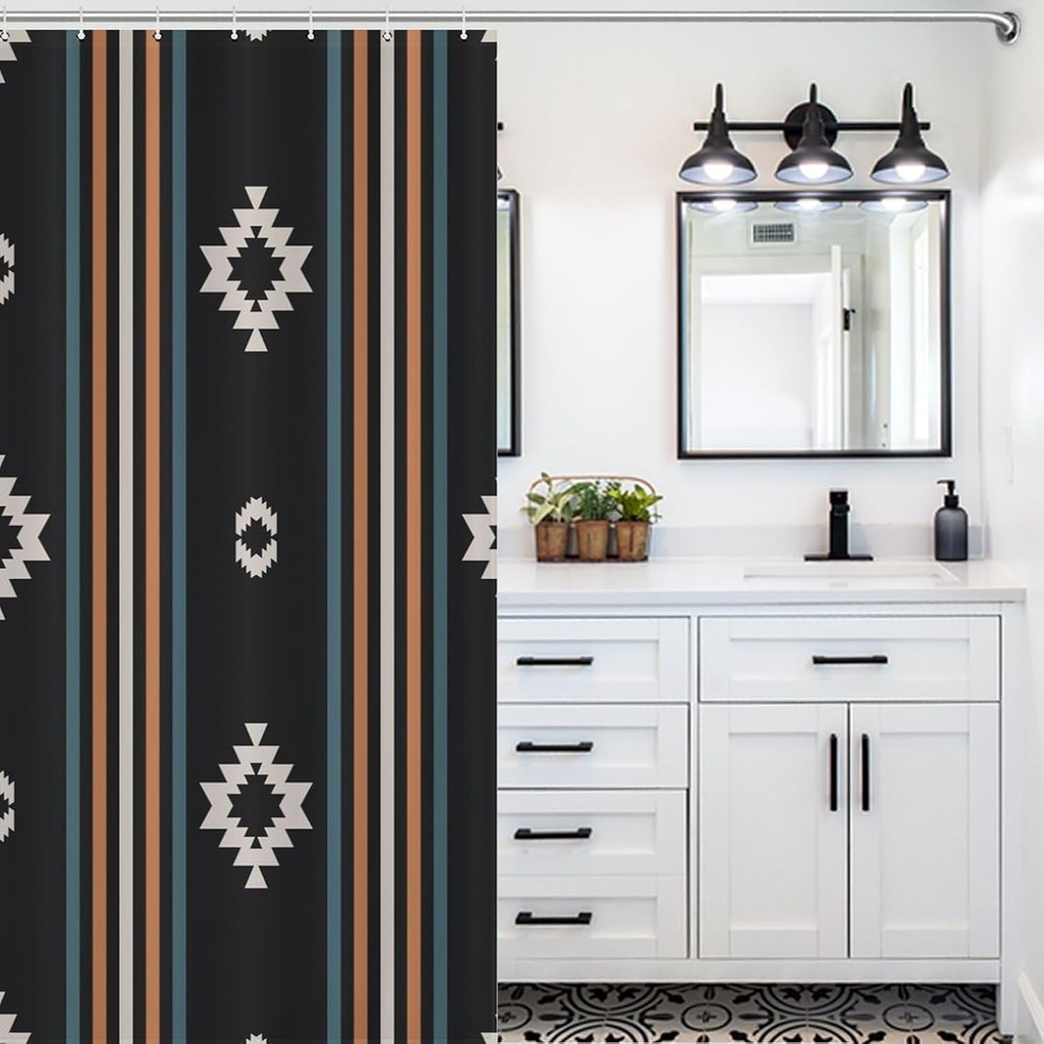 Aztec Shower Curtain,Vintage Western Geometric Stripes Native Tribal American Ethnic Navajo Southwestern Print for Bathroom Home Decor Set with 12 Pack Plastic Hooks 66x72Inch(168x183cm)