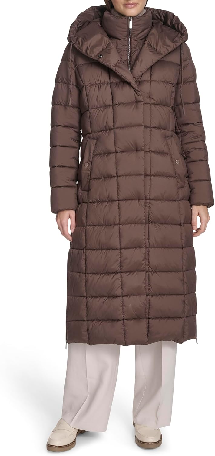 Kenneth Cole womens Channel Quilted Long Puffer With Inner Bib & Attached Hood, Side Vent Details - Image 2