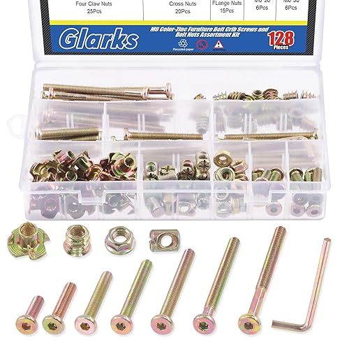 Glarks Juego de tornillos de cuna M6x20/30/40/50/60/70/3.150 in Kit de tornillos de cuna para cuna de bebé, tornillo de cabeza hexagonal con tuercas