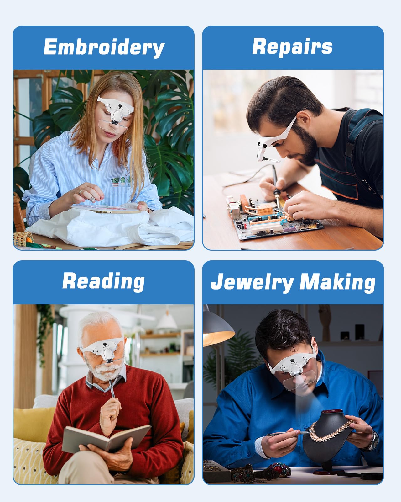 Lupa con Luz Anpro, 5 Lentes Desmontables (1X-3.5X), 4 LED con Brillo Ajustable, Lente de Aumento con Diadema Adicional para Trabajos Cercanos, Reparación de Joyas, Relojería, Manualidades.