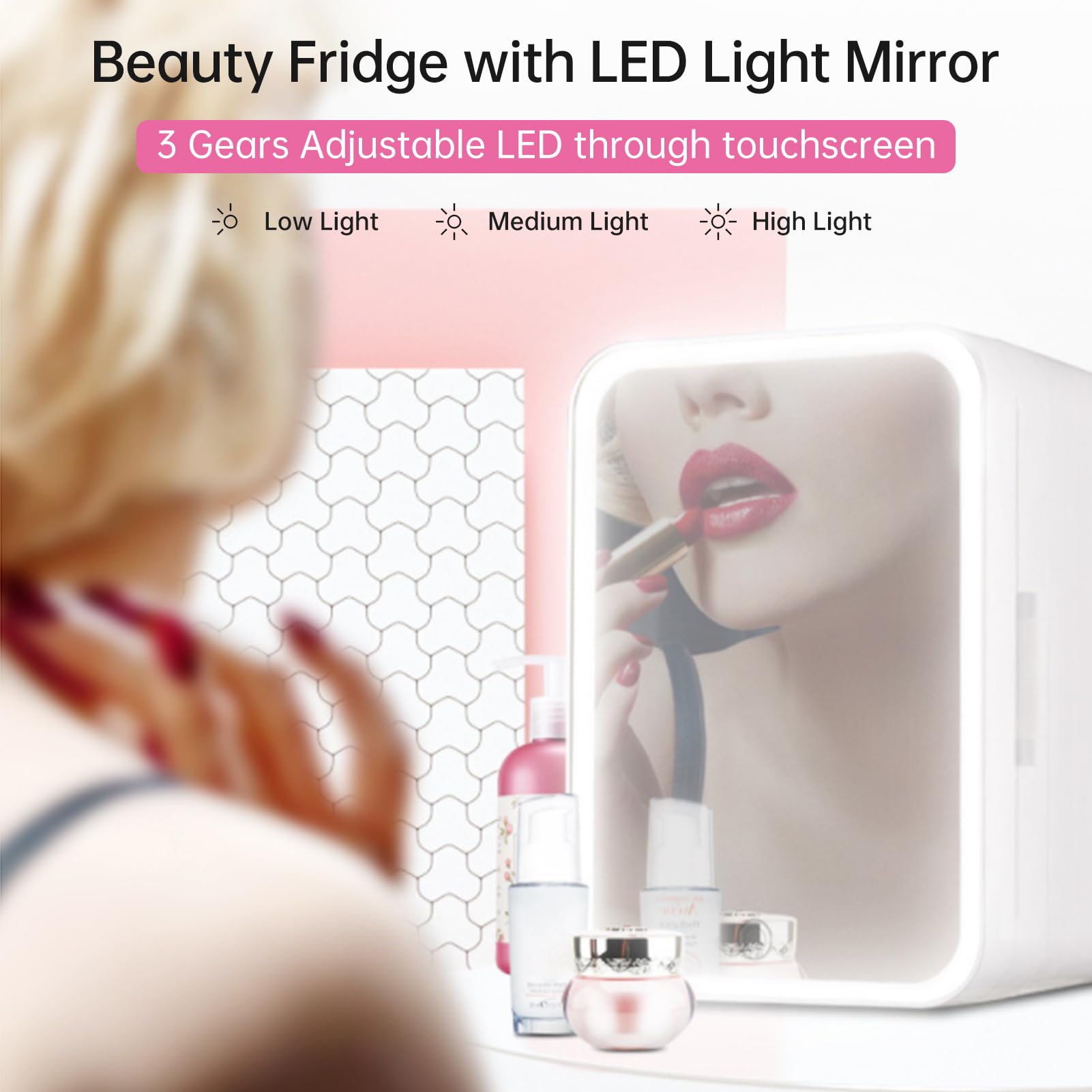 Brrnoo Frigo 4L per Cosmetici e Cura della Pelle con Specchio LED Dimmerabile, Funzione Refrigerazione/Scaldavivande, Alimentazione 12V, Adatto per Casa e Viaggio, Spina Europea