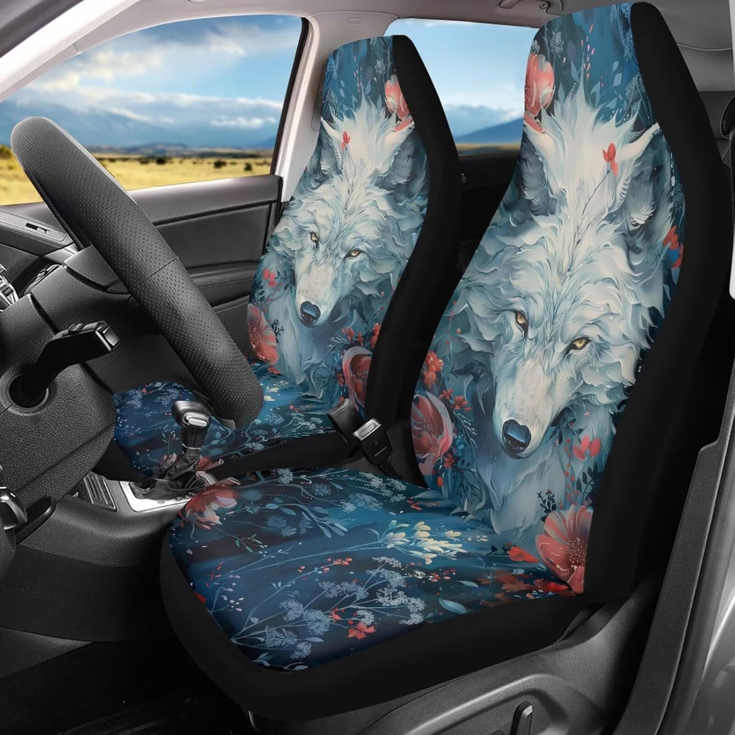 White Wolf Print 2pcs Car Seat Covers Set Front Seats Protectors with Elastic Strap Auto Seat Cushions Universal Fit for Vehicles Easy to Install
