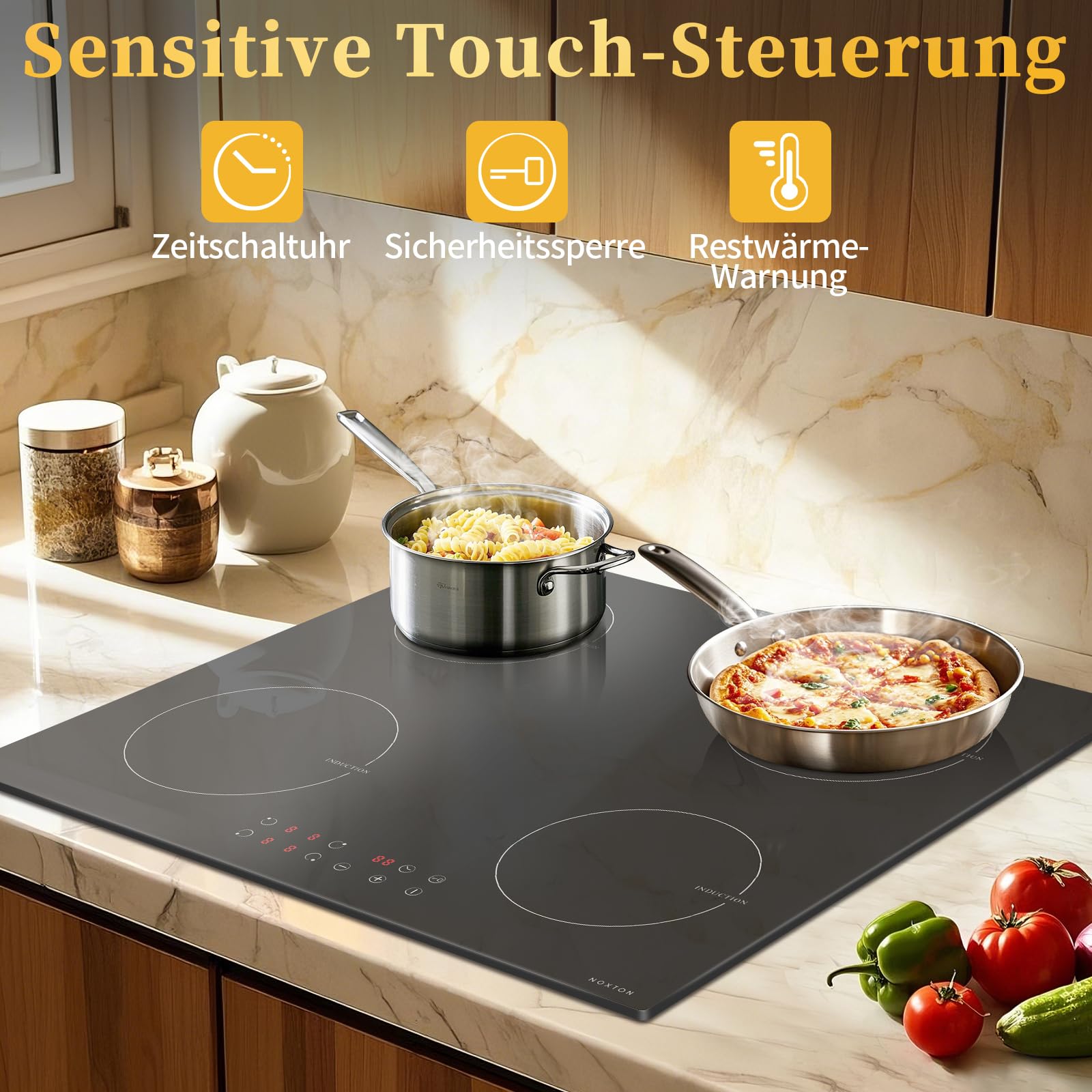 NOXTON Induktionskochfeld 60 cm 4 Platten 3500W Touch Timer Kindersicherung