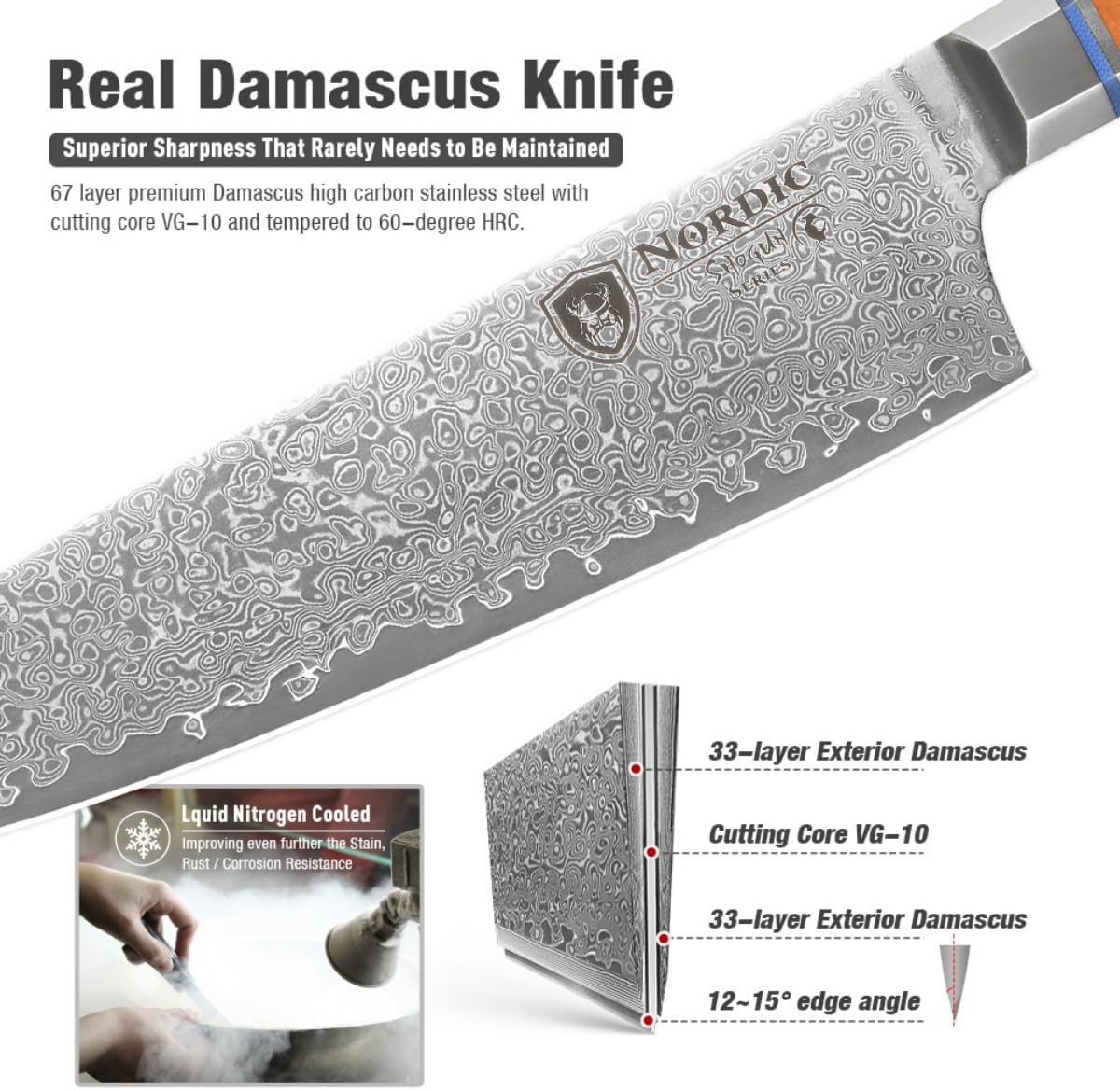 Nordic The New Shogun Series Professional 8-inch Chef Knife, 67-Layer Folded Damascus Super Steel, VG-10 Core, Rockwell 60±2 Hardness, Wood and Resin Handle, Magnetic Sheath.