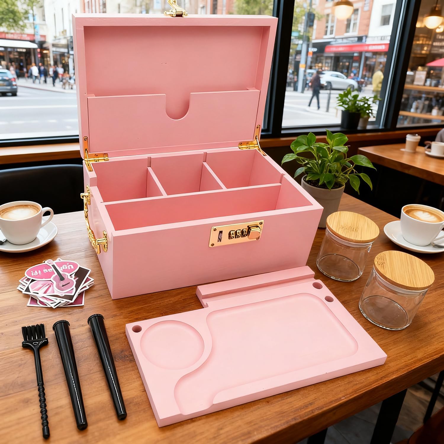 Bamboo Box with Combination Lock - Handle Box with Accessories Set - Stash Box with Sticke r,Brush, Jars- Great Gift Choice (Pink)