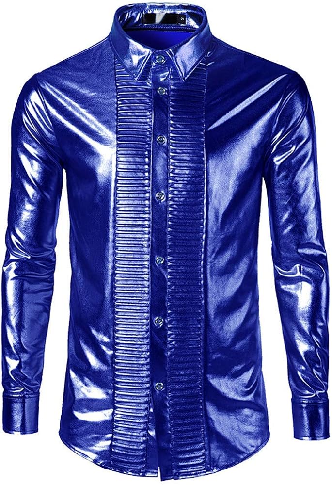 Mens Shirt Fashion Metallic Shiny Classic Long Non Sleeve Iron Glitter