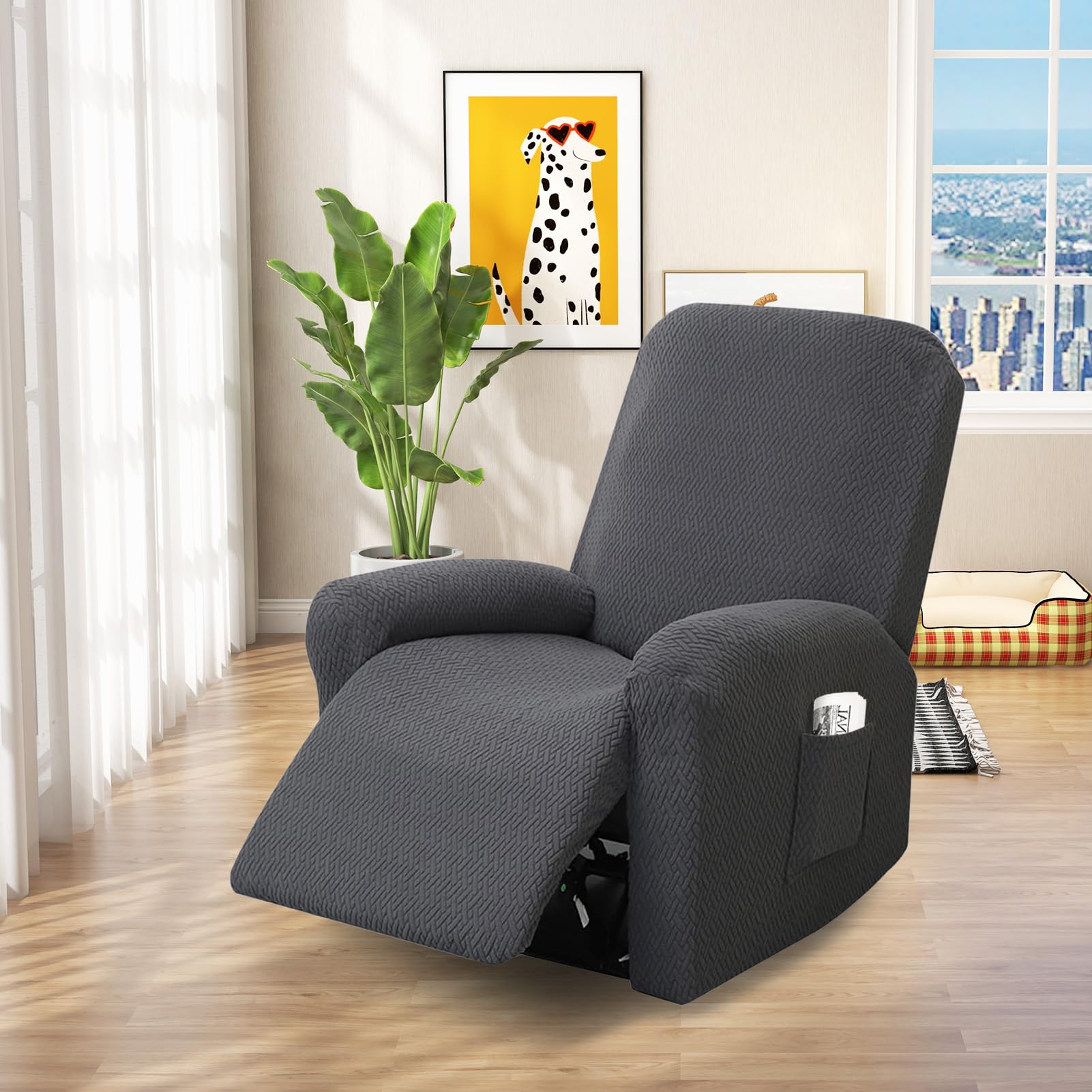 1-Sitzer Sessel Überzug, Sesselbezuge Stretch mit Taschen, All-Inclusive Streifen-Jacquard Sesselschoner für Fernsehsessel Relaxsessel Sesselhusse (Dunkelgrau, 4-Teilig)