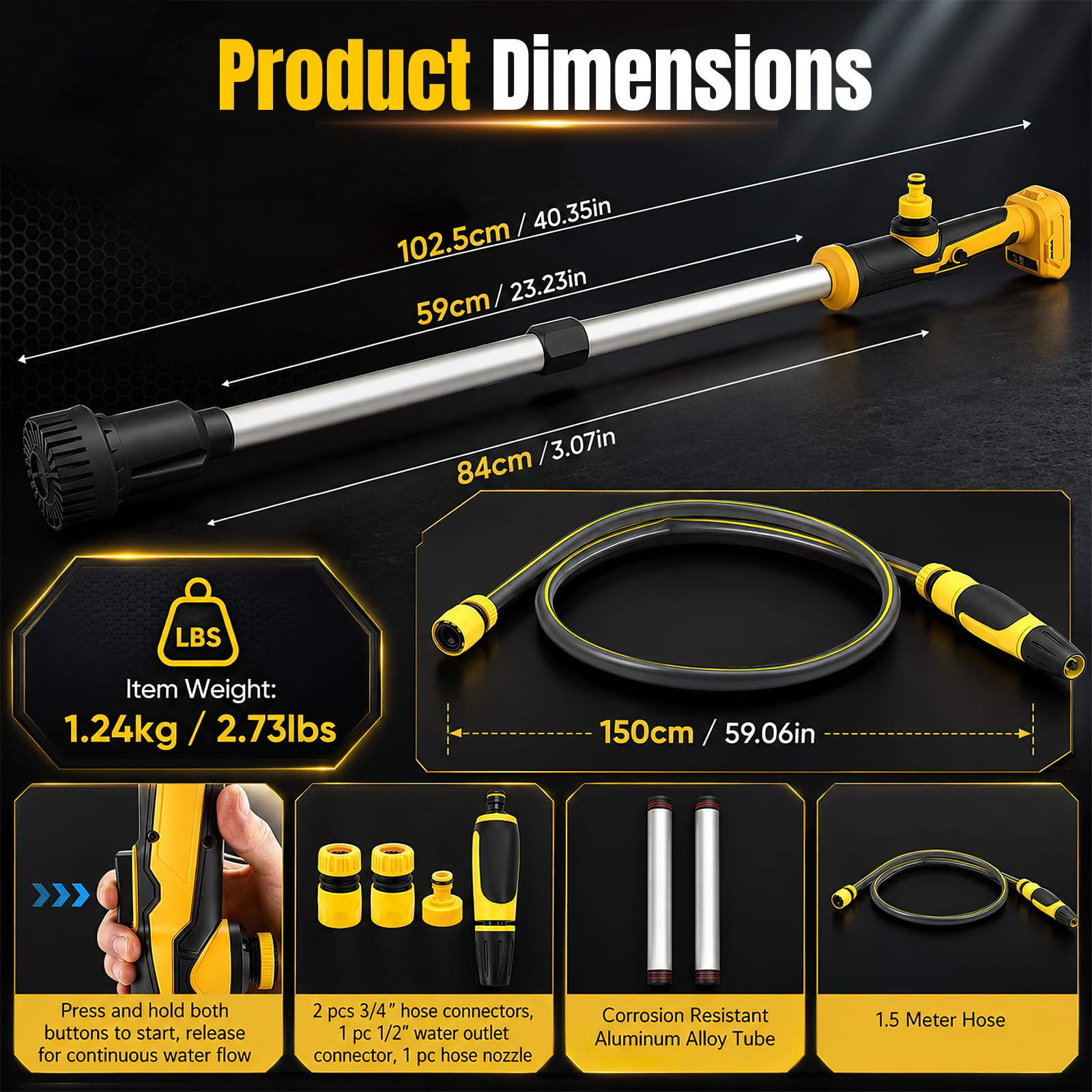 Pompe transfert d'eau sans fil type lance 3600 l/h pour Dewalt 18V 20V | 3m hauteur refoulement submersible portable 19000RPM pour piscines sous-sols récupérateurs d'eau pluie (batterie non incluse)