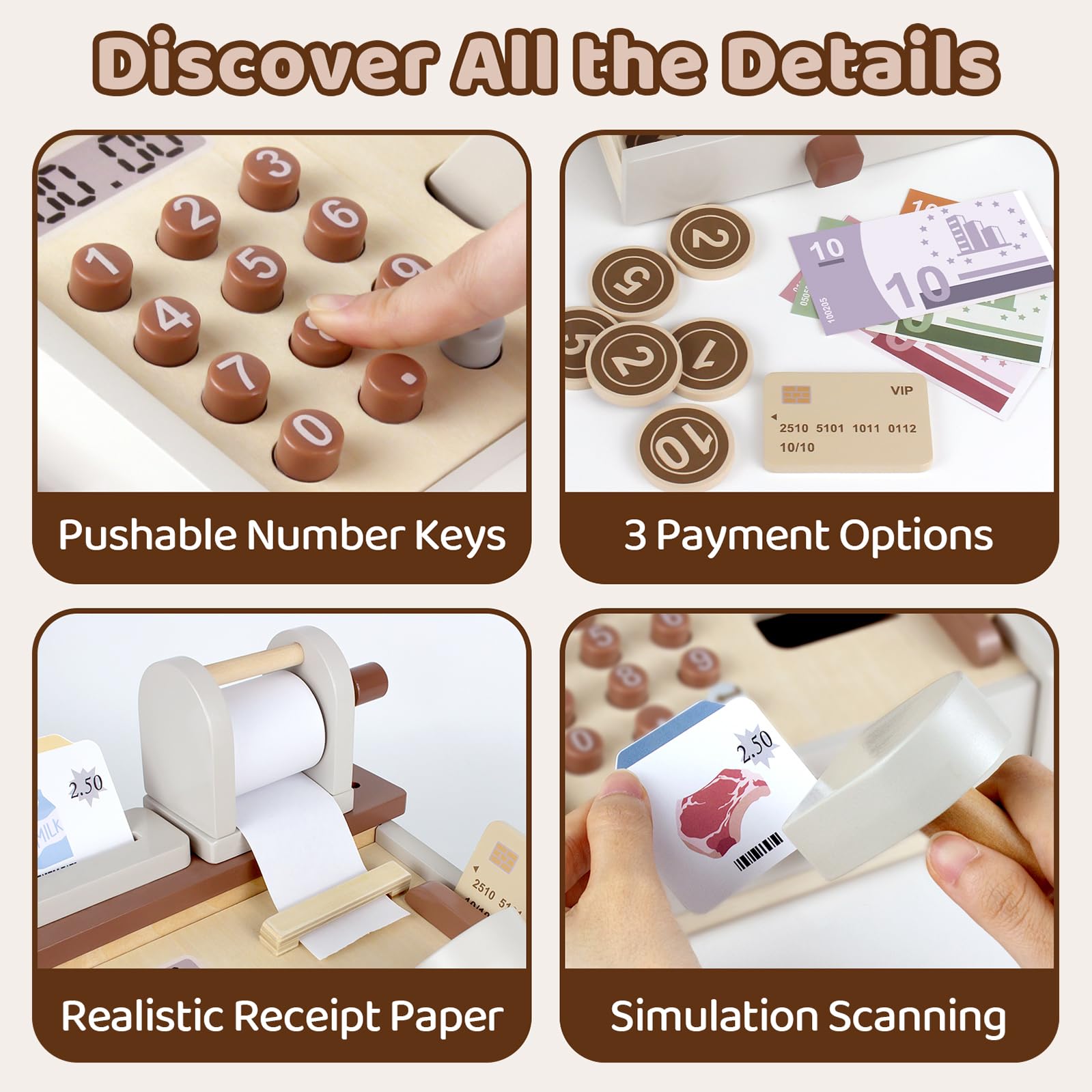 Airlab Kaufladen Zubehör Holz Kasse Spielzeug, Holzspielzeug Kasse Kinder, Kinderkasse mit Scanner Spielgeld, Spielkasse für Kinder, Registrierkasse Rollenspiel Geschenk Mädchen Jungen