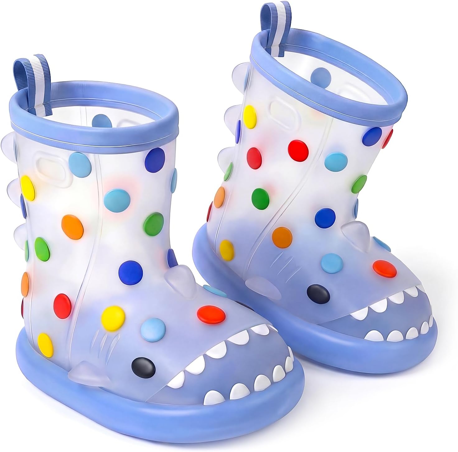 Caaaat Toddler Rain Boots, Waterproof Non-Slip Thick Sole Kids Rubber Boots, Shark Pattern & Polka Dot Design with Easy-On Handles for Boys & Girls