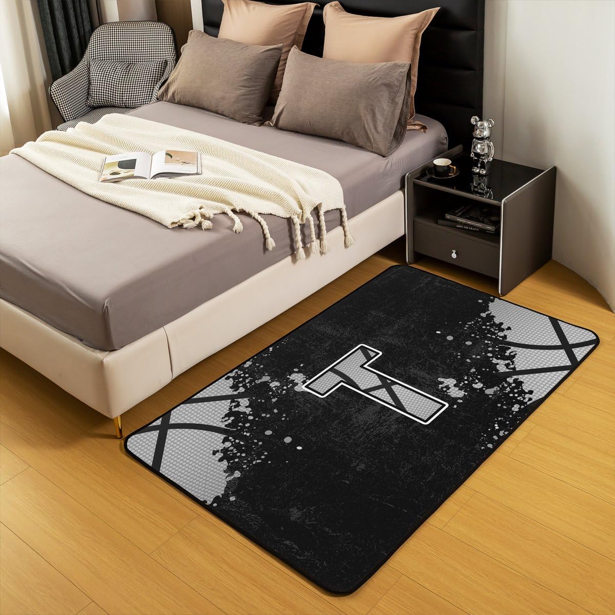 Homewish Koszykówka sport dywanik 100 x 150 cm litera T dywan do salonu antypoślizgowy czarny i szary koszykówka alfabet dywan do sypialni kuchnia piłka sport gry wewnętrzna mata podłogowa