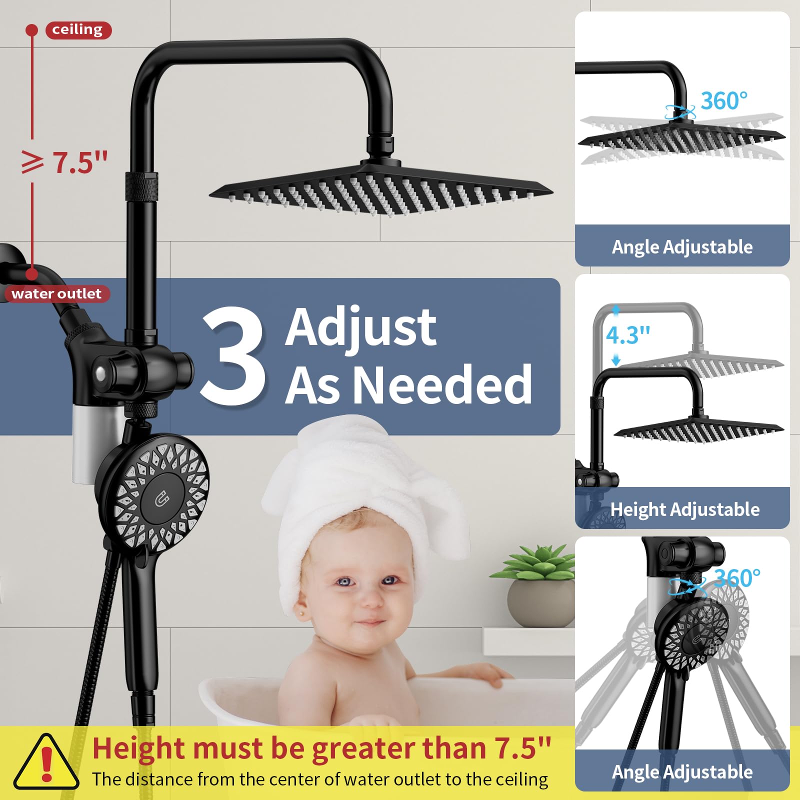 KAIYING Duale Duschköpfe mit Handbrause Combo, magnetisch gefilterter Duschkopf, Badezimmer-Hochdruck-Regenduschkopf und Griff-Set mit Filter für hartes Wasser, 200,7 cm langer Schlauch (mattschwarz)