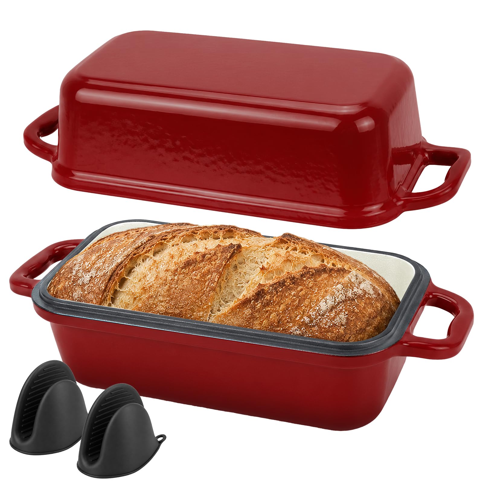 Cast Iron Bread Pan with Lid, 2-in-1 Enamelled Sourdough Dutch Oven, Red