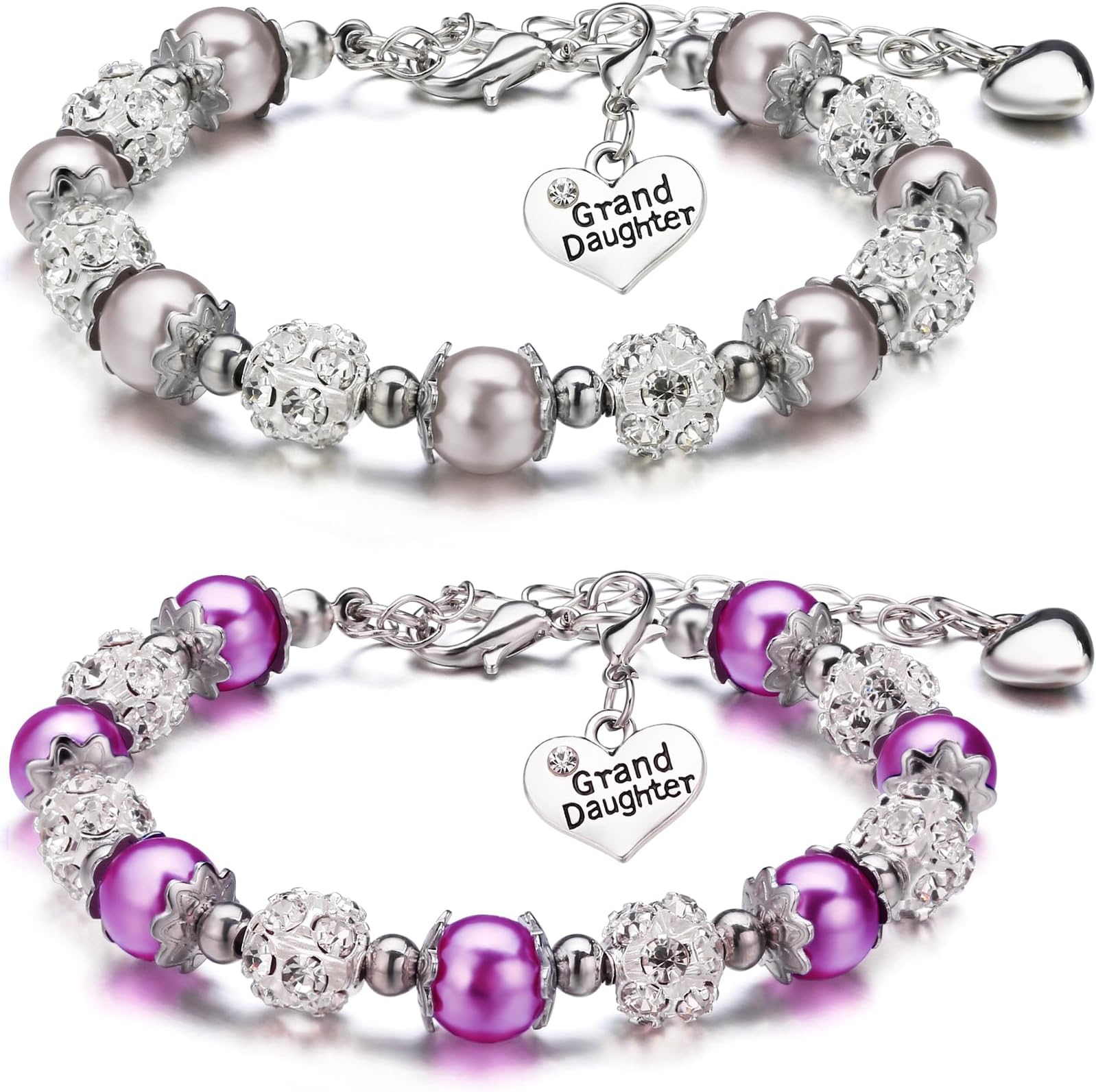 2 Pieces Granddaughter Bracelets Charm Heart Pendant Rhinestone Crystal Balls Faux Pearls Jewelry Gift