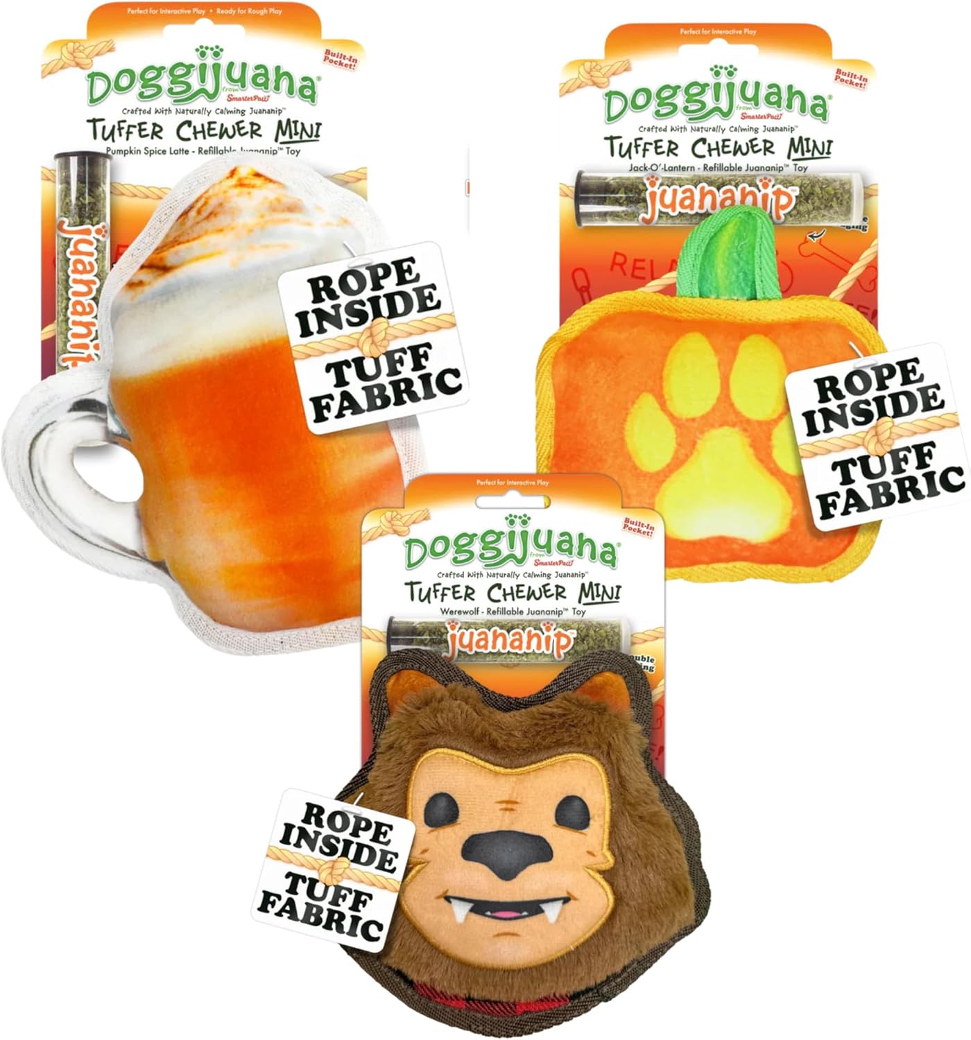 Doggijuana Tuffer Chewer Howl-ween Bundle Mini Plush Dog Toy | Funny Dog Toy Plush with Juananip Catnip for Dogs (Werewolf, Pumpkin Spice Latte, Jack O’ Lantern)