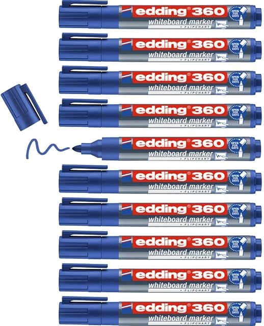 edding 360 whiteboard marker - blue - 10 whiteboard pens - round tip 1.5-3 mm - whiteboard pen dry wipe - for whiteboards, flipcharts, pinboards, magnetic and memo boards - sketchnotes - refillable