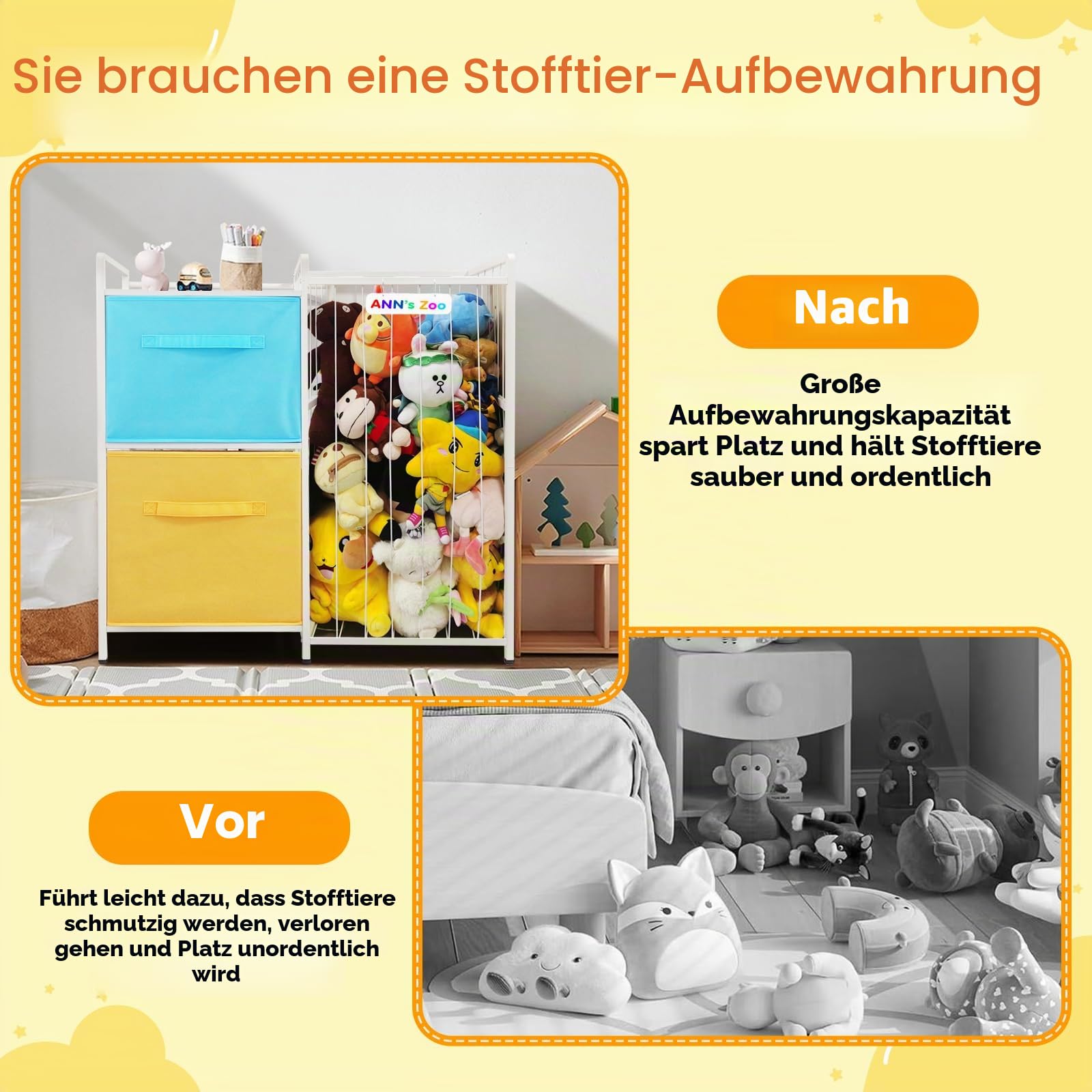 Kuscheltier Aufbewahrung, Metall Stofftier Aufbewahrung mit 2 Fächern für Plüschtiere Teddy, 187L Bücherregal Kinder Spielzeugschrank Spielzeug Korb für Kinderzimmer Möbel Deko B