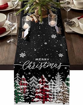 Christmas Tree Black Table Runners 72 inches Long, Snowflake Leopard Plaid Linen Winter Holiday Table Runner, Winter Table Cloth Dresser Scarves for Dinning Tables Party Home Decor Xmas Decorations
