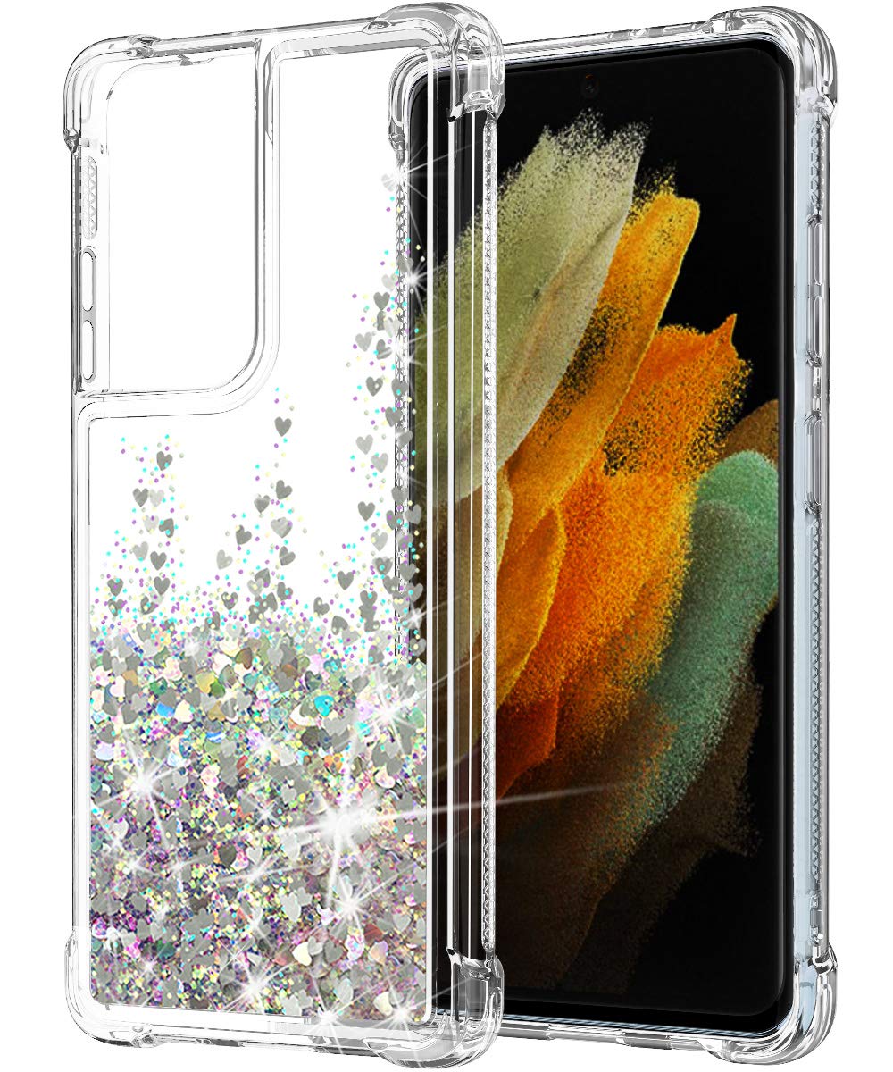 SunStory Compatible with Galaxy S21 Ultra Case Glitter Clear (Not Fit S20 Ultra) with Anti-Fall Angle and Moving Shiny Cover for Galaxy S21 Ultra (6.8") Silver