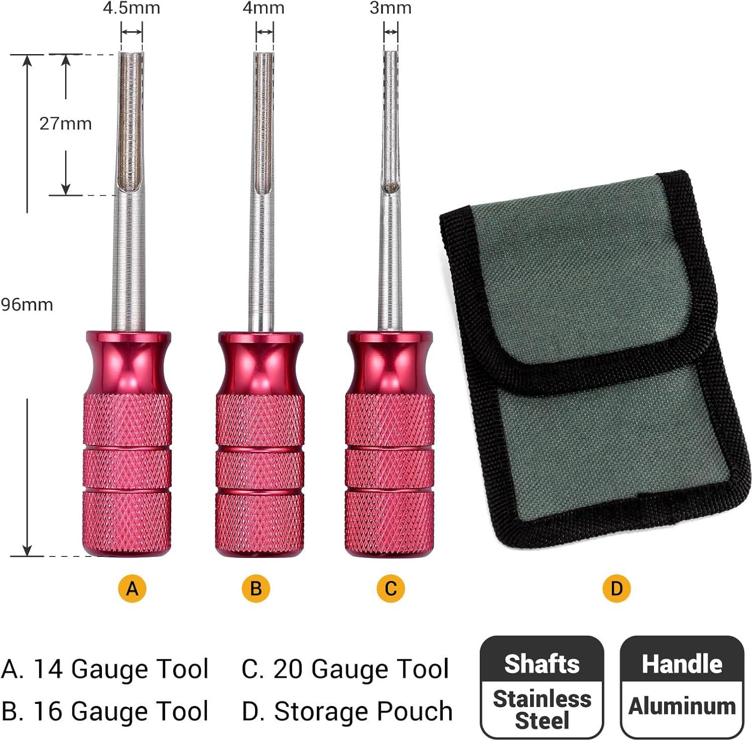 EWK 3-Piece Deutsch Terminal Removal Tool Kit, 14/16/20 AWG Depinning Set, Stainless Steel Pin Release Tools for DT/DTM Connectors