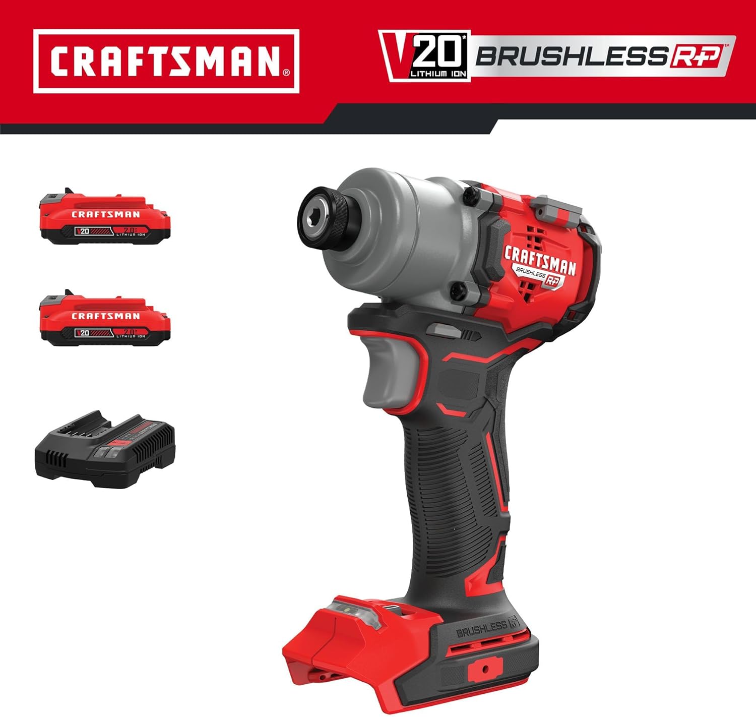 CRAFTSMAN V20 Cordless Brushless Impact Driver Set, 1/4 Impact Driver, Includes 2 Batteries and Charger (CMCF830D2)