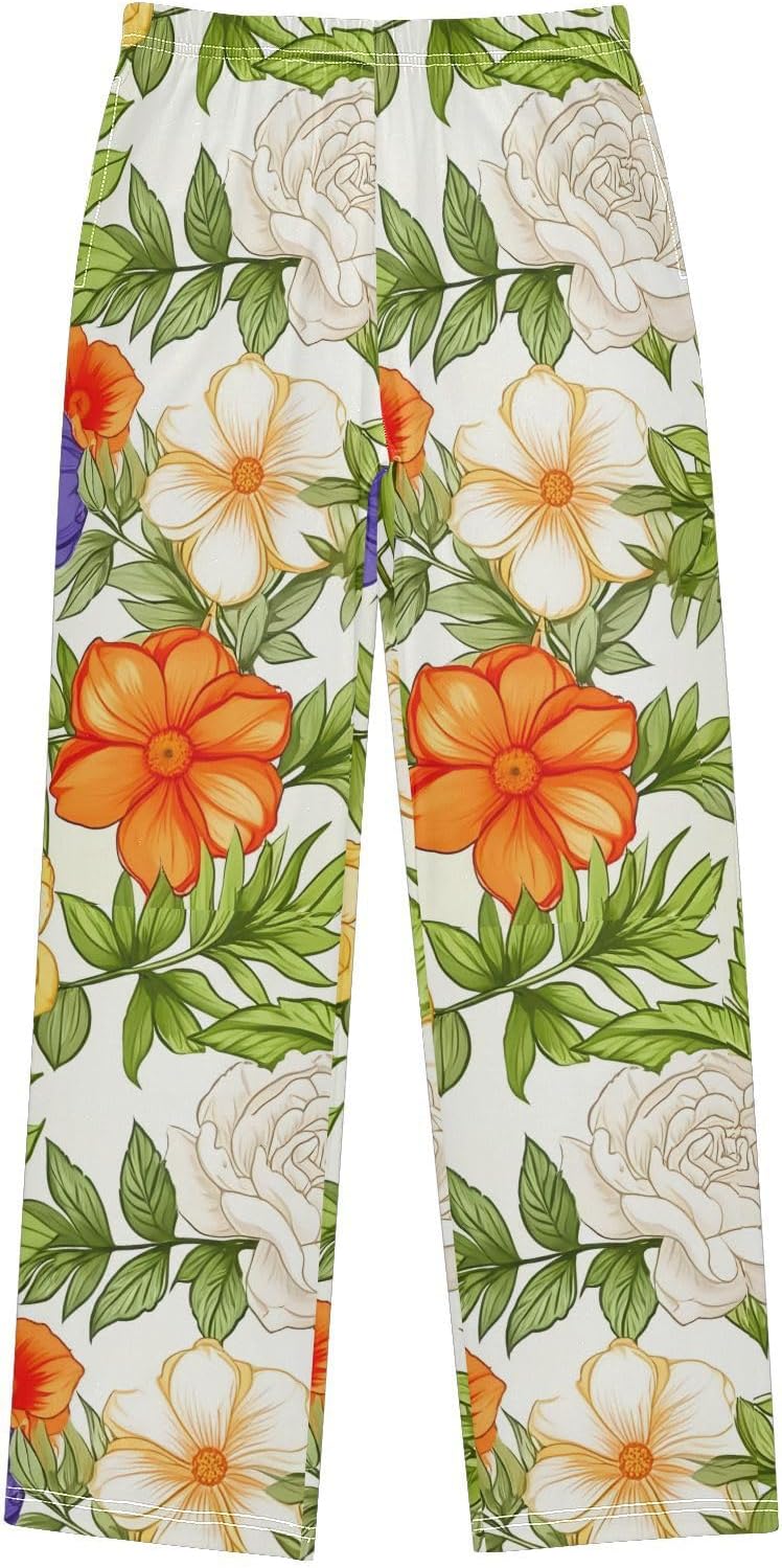 J JOYSAY Flower Blossom Foliage Ivory Pajamas Pants Soft Long Pajama Bottoms Lounge Sleep Pants Size S-XL