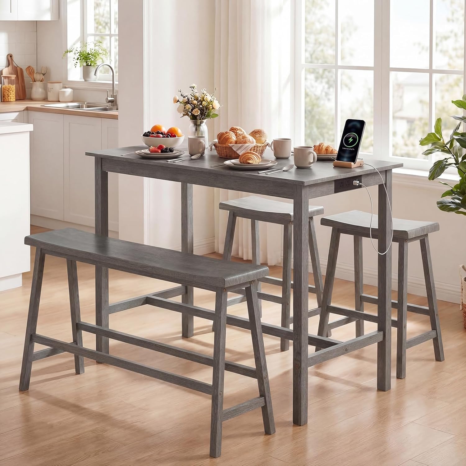Giantex 4-Piece Counter Height Dining Table Set with Power Outlet, Solid Rubber Wood Kitchen Table with Saddle Backless Bench & 2 Stools, Space-Saving Bar Table Set for Breakfast Nook (Gray)