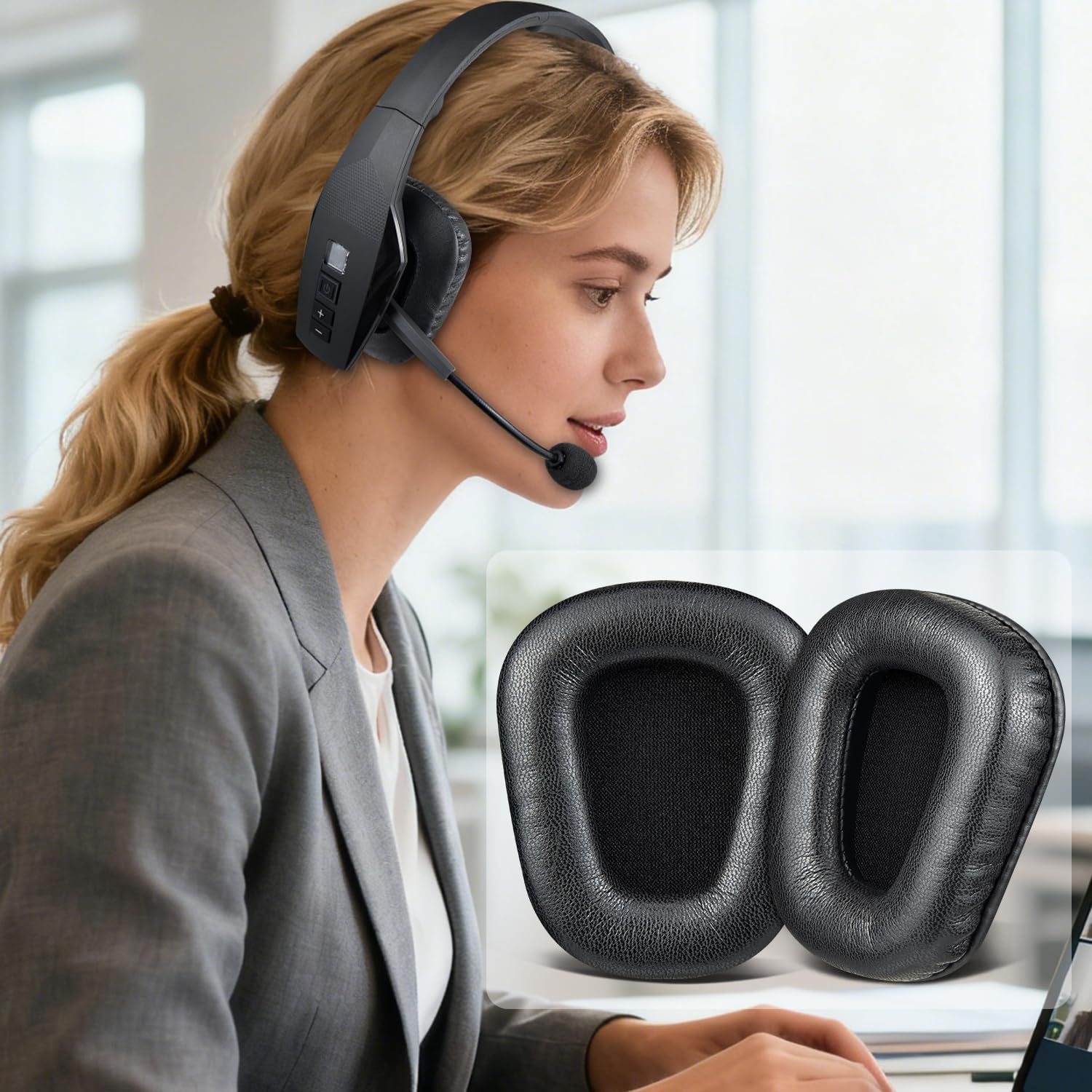 SOULWIT Earpads Replacement for BlueParrott B550 (B550XT) Noise Cancelling Bluetooth Headset, Ear Pads Cushions with Soft Protein Leather, Noise Isolation Foam - PL Black