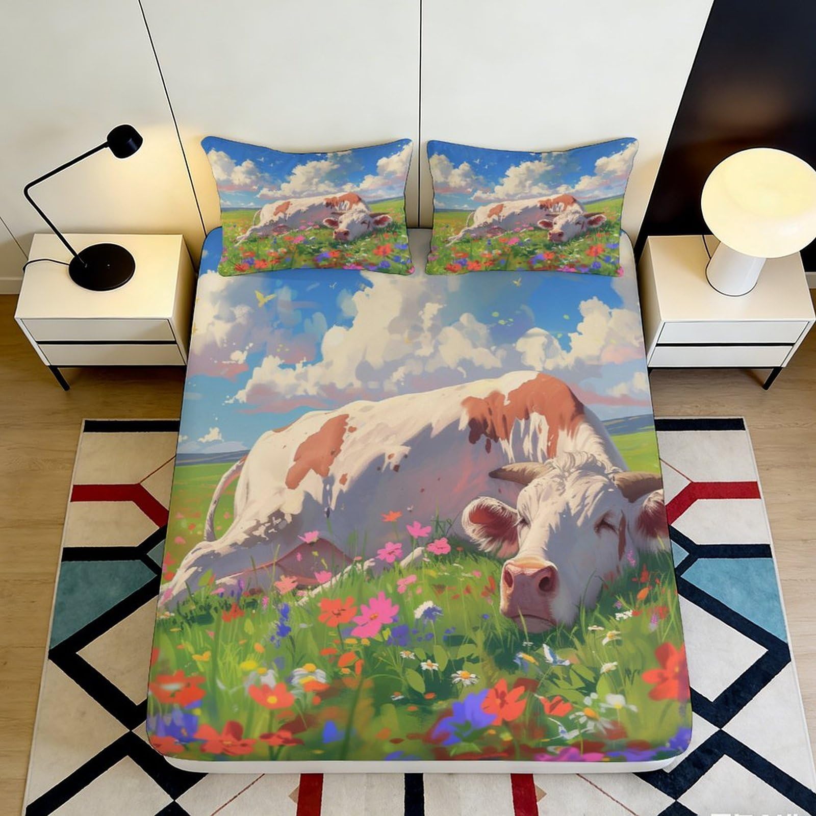 3D Printed Pastoral Cow Fitted Sheet Microfiber Soft Country Meadow Bed Cover for Bedroom Guest Room Decor 90x200x25cm