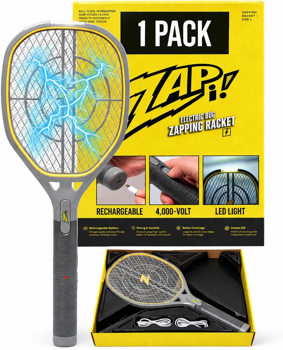 ZAP IT! Rechargeable Electric Fly Swatter Racket - 4,000-Volt Mosquito Zapper with USB Charging and LED Light - Large - Safe 3-Layer Mesh Bug Zapper Racquet for Indoors and Outdoors - Yellow