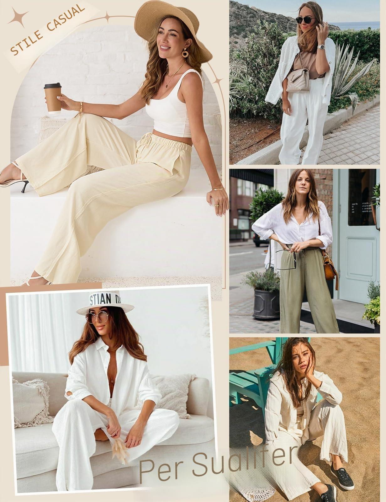 Voqeen Pantaloni Estivi da Donna in Lino Pantaloni Casual in Cotone e Tessuto di Lino Pantaloni Casual Monocromatici Pantaloni da Spiaggia a Vita Alta e Gamba Larga con Tasche