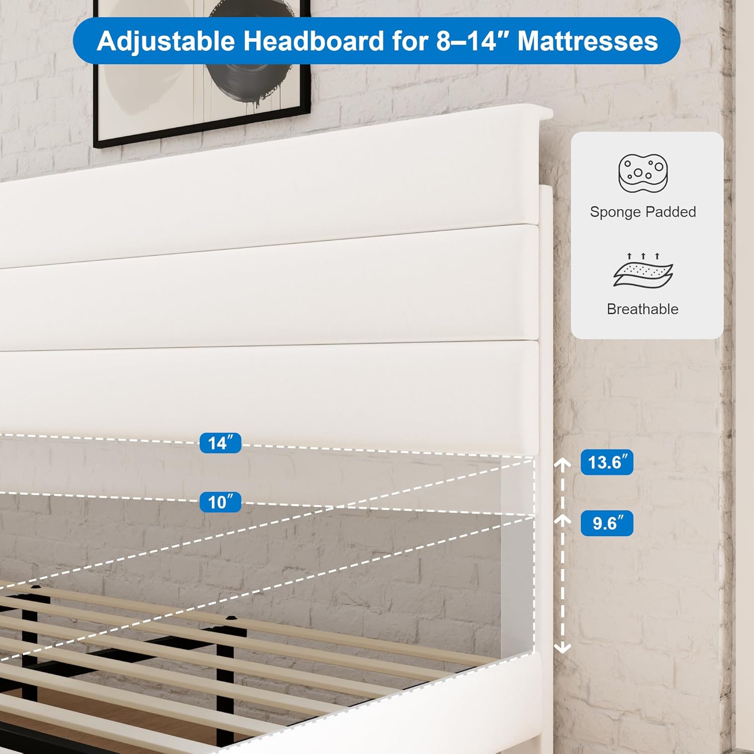 GOLDORO King Size Platform Bed Frame with Upholstered Headboard, Wooden Slats Support, No Box Spring Needed, Easy Assembly, White