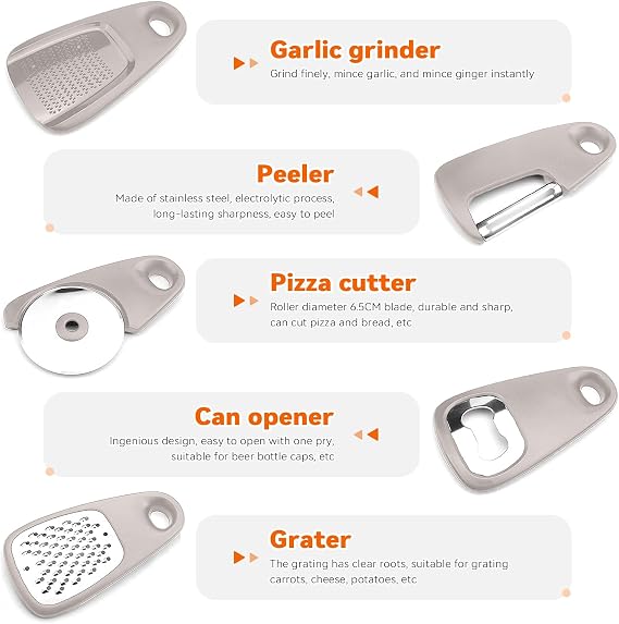 5 Pack Kitchen Gadgets Set,Cheese Grater, Bottle Opener, Fruit Vegetable Peeler, Pizza Cutter, Garlic Ginger Grinder,Stackable Cooking Tools Space Saving for Kitchen.