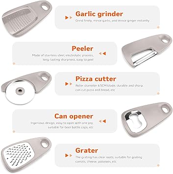5 Pack Kitchen Gadgets Set,Cheese Grater, Bottle Opener, Fruit Vegetable Peeler, Pizza Cutter, Garlic Ginger Grinder,Stackable Cooking Tools Space Saving for Kitchen.