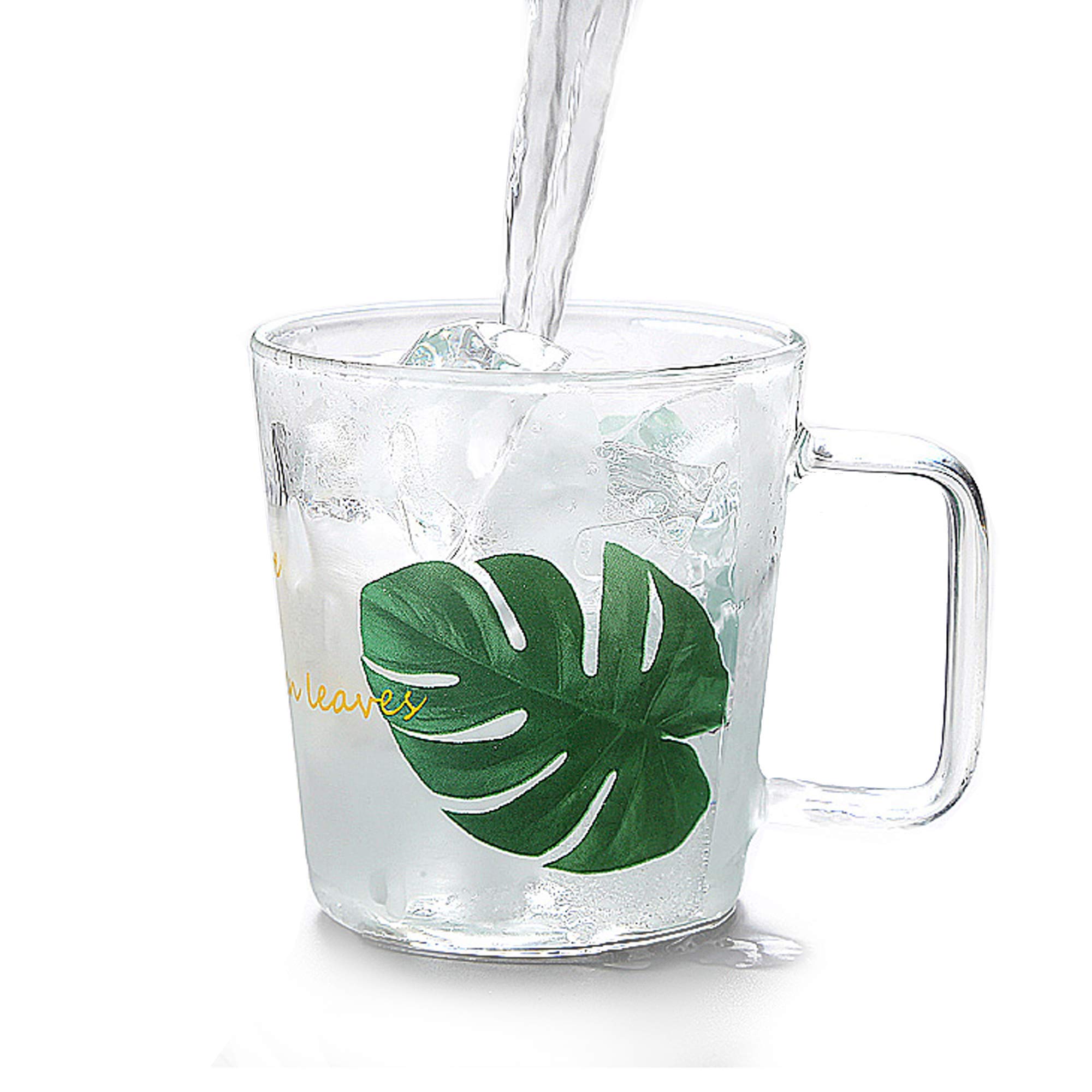 MuCharm Clean Borosilicate Glass Tea Mug with Handle for Hot and Cold Beverages,Ice Tea,Coffee,Milk,Fruit Juice, Cappuccino, Glass Cup -350ml(Leaves Pattern)