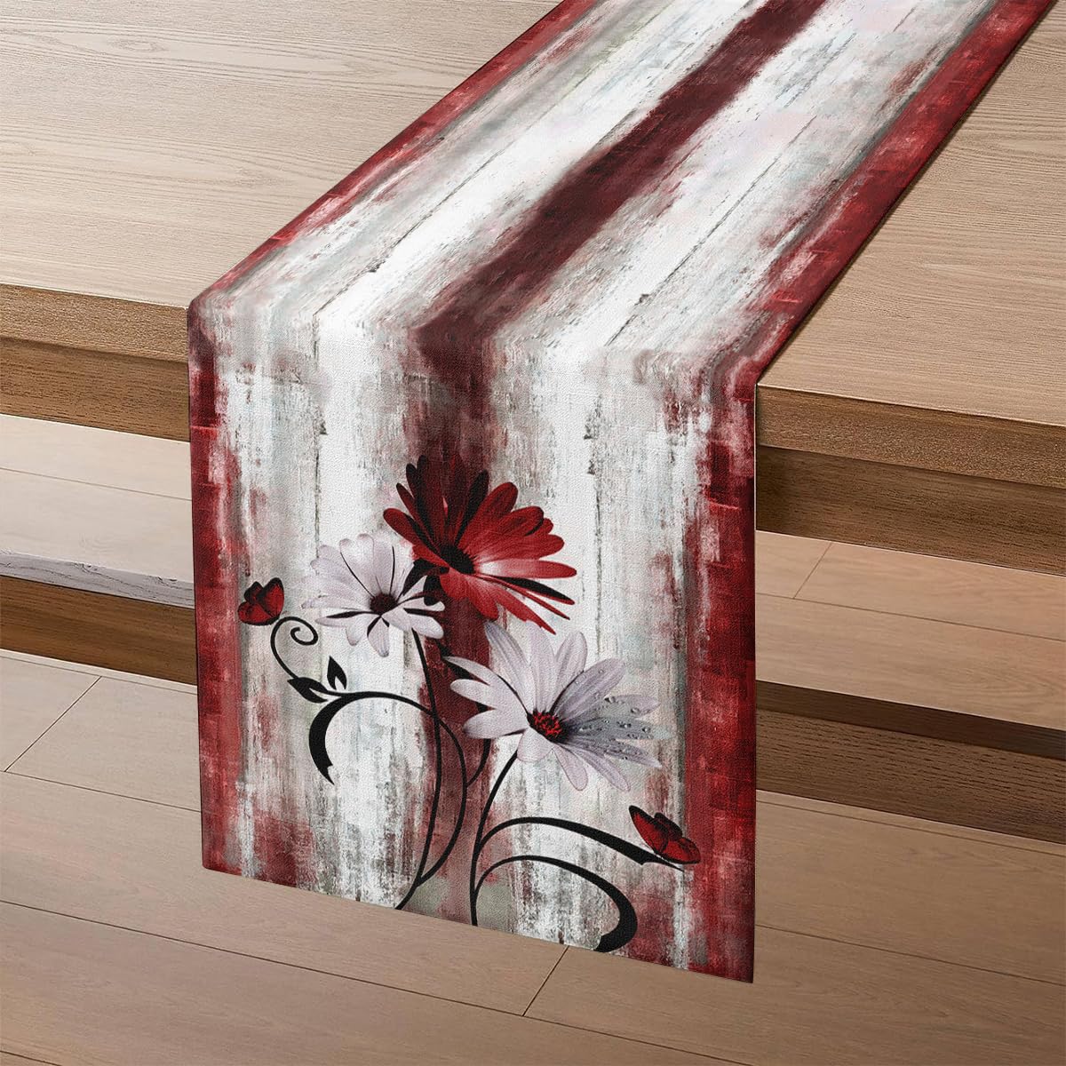 Table Runner Christmas Flowers in Christmas Red, Modern Table Runner 140 x 40 cm White Daisies Black Leaves Butterfly Kitchen Table Decoration for Christmas Indoor Holiday Party Decor