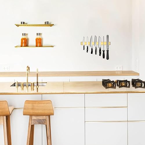 Miniatura 4 de Portacuchillos magnético dorado de 15.7 pulgadas para barra magnética de cuchillos con funcionalidad multiusos como soporte para cuchillos, tira de