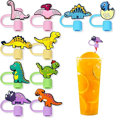 10 vasos con popote de dinosaurio para vaso, 0.315 in (0.315 in), protectores reutilizables, tapas para accesorios de taza (10 unidades, dinosaurio
